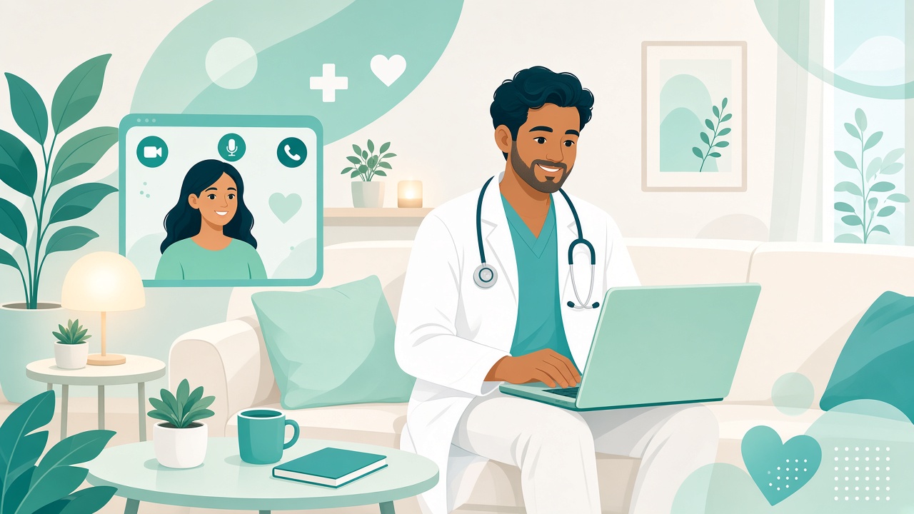 Illustrated doctor providing care at home and online